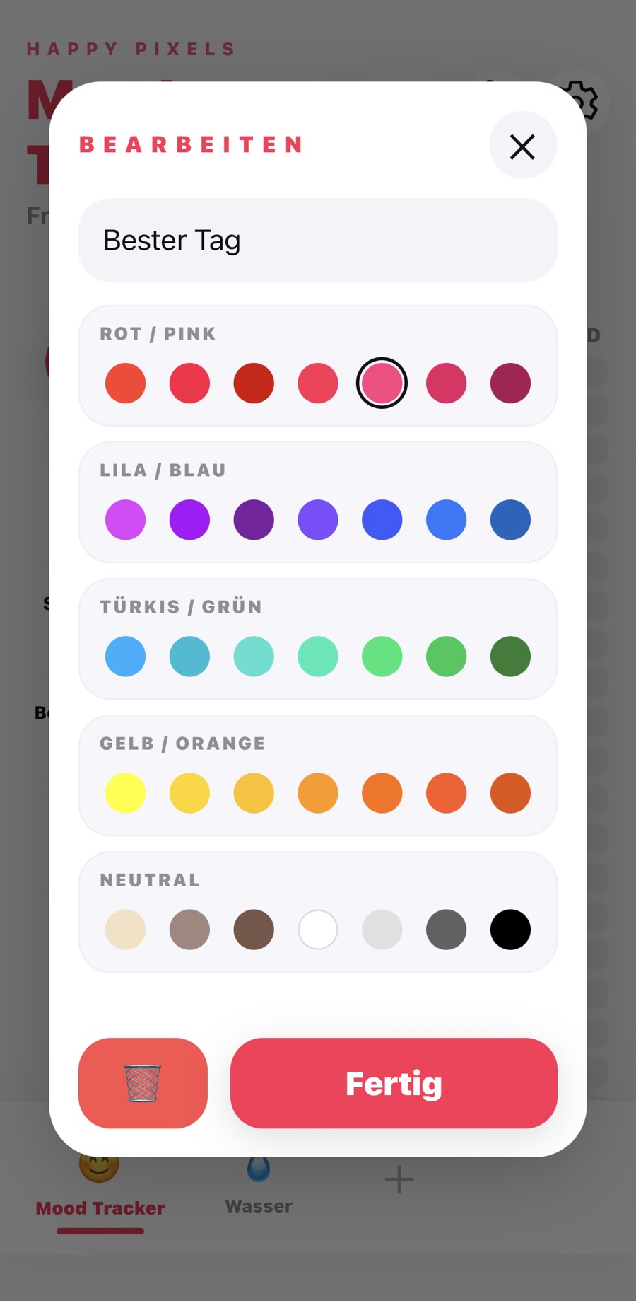 A real Happy Pixels screen for editing a mood's name and picking its color from a full palette