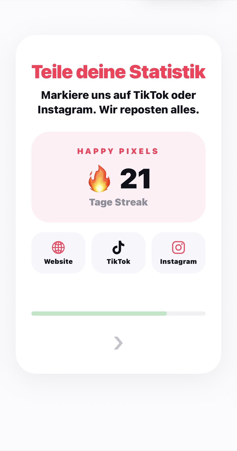 Real Happy Pixels screen for sharing your streak on TikTok or Instagram